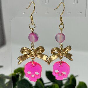 Clear Hot Pink Skull & Bow Coquette Dangle Earrings  So Cute & Trendy Statement